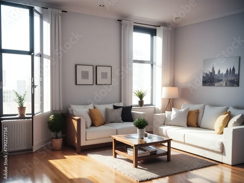 Bright and cozy living room with modern decor, featuring white sofas, wooden flooring, and large windows allowing ample sunlight.