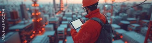 Construction worker wearing hardhat and safety glasses uses a tablet to monitor the progress of a high-rise building project