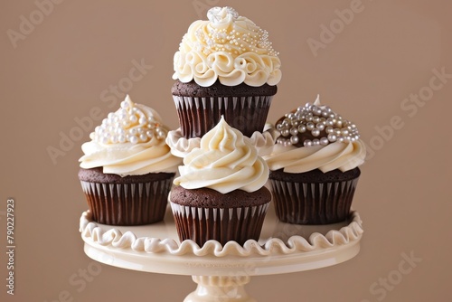 Cupcakes with white frosting on a vintage cake stand.