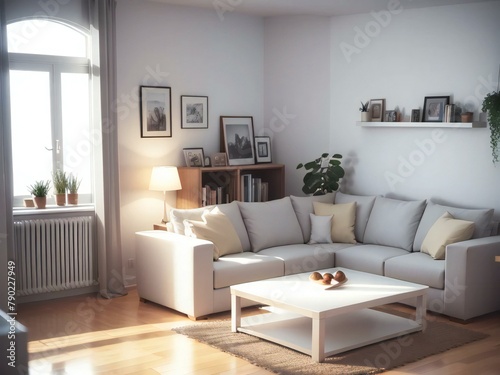 Bright and cozy living room with a large white sofa, wooden floor, and framed pictures on the wall. © samsul