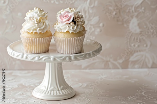 Cupcakes with white frosting on a vintage cake stand.