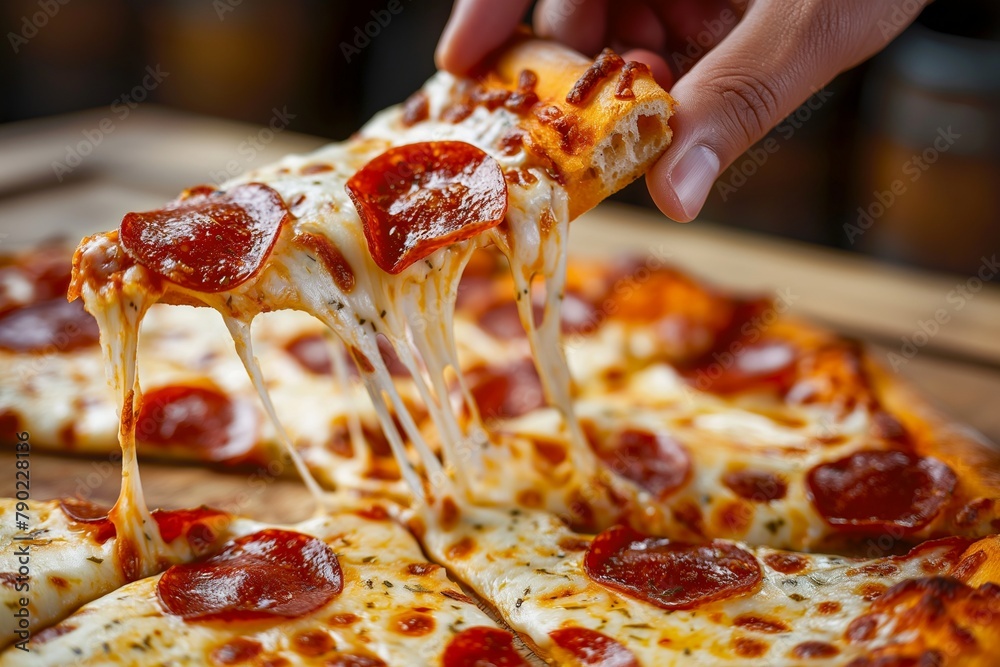 A Hand Taking A Piece Of Cheesy Pepperoni Pizza Closeup A Piece Of a-hand-taking-a-piece-of-cheesy-pepperoni-pizza-closeup-a-piece-of