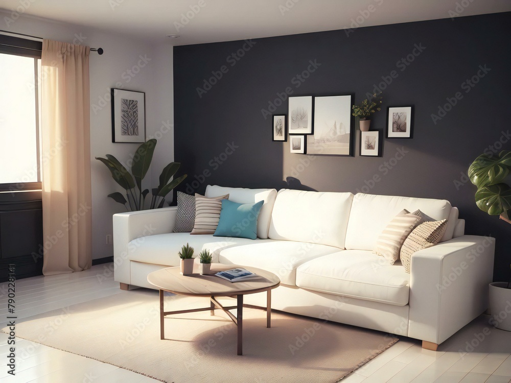 Modern living room with a white sofa, dark accent wall, and wooden coffee table, decorated with framed pictures and plants. Modern living room with a white sofa, dark accent wall, and wooden coffee table, decorated with framed pictures and plants.