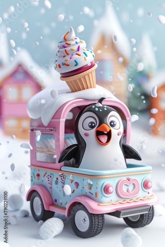 Penguin in an ice cream truck, snowy town scene, cheerful and whimsical, 3D rendered, on White background,in the style of kawaii zbrush, mischievous, animeinspired character designs, layered compositi photo