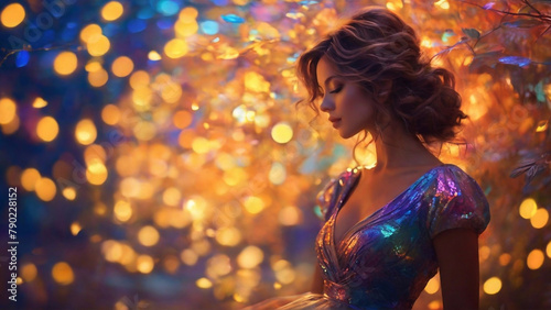 Side view of a young woman wearing a colorful dress with her eyes closed, bokeh light background.