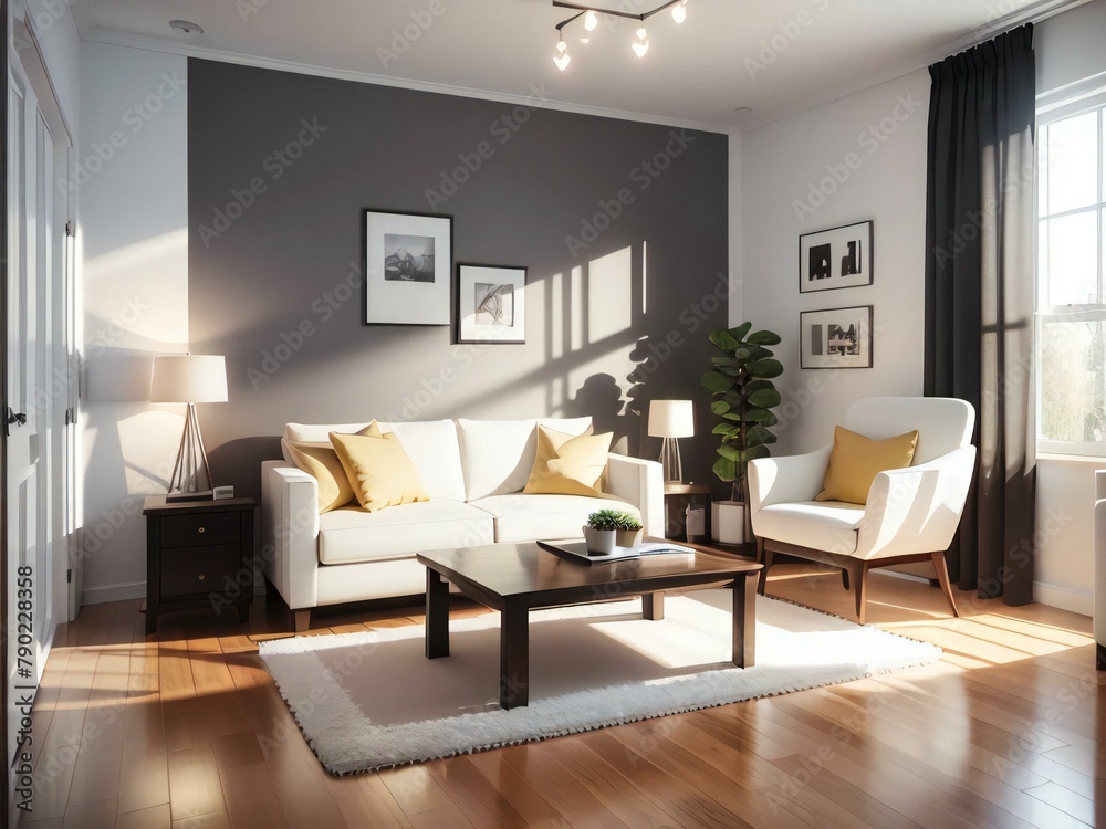 Modern living room with stylish furniture, including a white sofa, armchair, and wooden coffee table, illuminated by natural sunlight. Modern living room with stylish furniture, including a white sofa, armchair, and wooden coffee table, illuminated by natural sunlight.