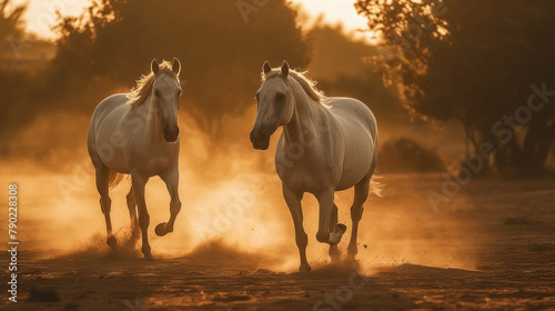 horses galloping at sunset