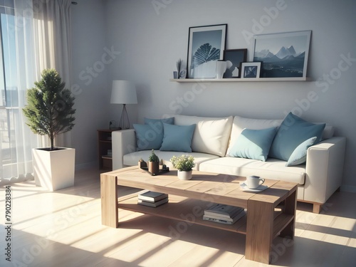 Modern living room with a white sofa  blue cushions  wooden coffee table  and framed pictures on the wall.
