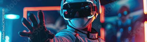 Astronaut in futuristic spacesuit and VR headset exploring virtual reality