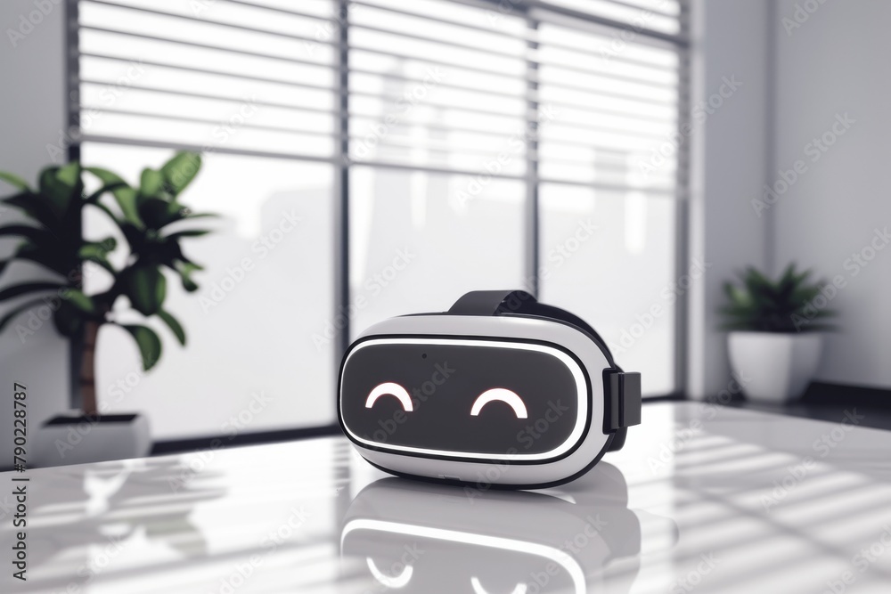The image shows a virtual reality headset on a table in an office The image shows a virtual reality headset on a table in an office