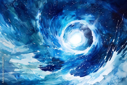Pulsar star, rhythmic pulsing, watercolor, bright white core with blue waves, dynamic pulsating effect