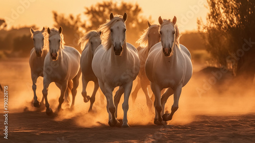 horses galloping at sunset