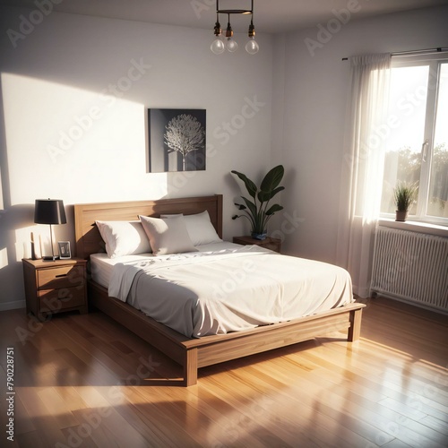 A modern bedroom with a large bed  wooden floor  and a plant by the window  illuminated by natural sunlight.