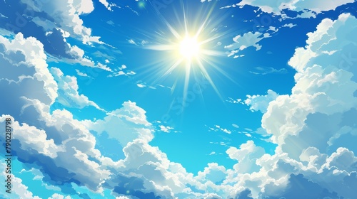Blue sky with clouds. Anime style background with shining sun and white fluffy clouds. Heavens with bright weather,