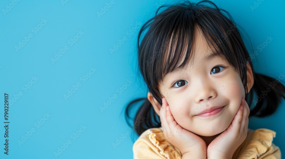Portrait of a cute little asian girl on blue background. Portrait of a cute little asian girl on blue background.