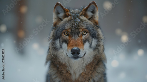 A close-up of a wolf in a snowy forest, its eyes intent and focused, captured with clarity against the blurred white background