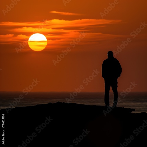 The setting sun casts a long shadow over the lonely figure standing on the cliff.