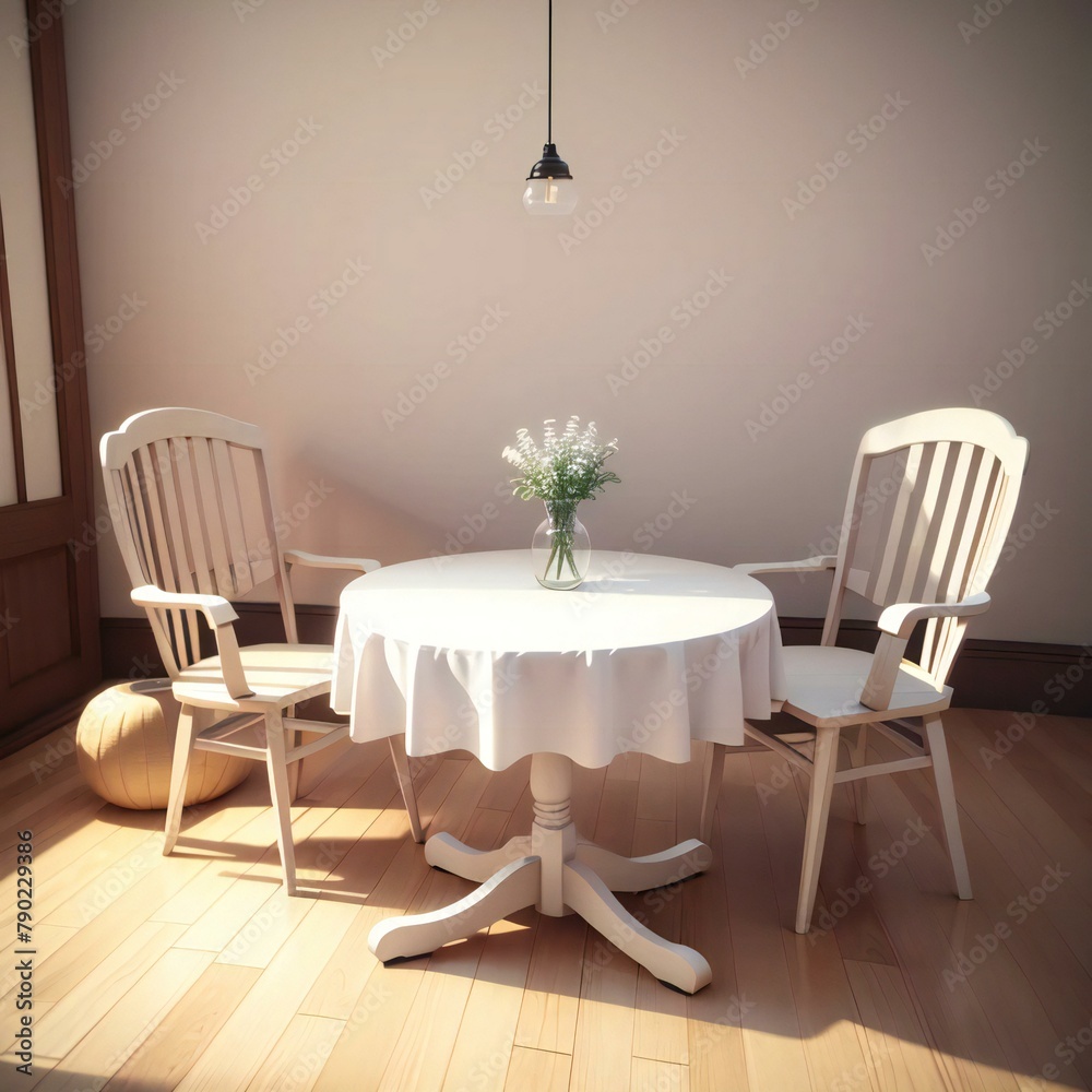 A cozy dining setup with two wooden chairs and a round table, covered with a white cloth and a small vase of flowers, in a warmly lit room. A cozy dining setup with two wooden chairs and a round table, covered with a white cloth and a small vase of flowers, in a warmly lit room.