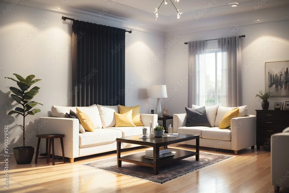 Elegant living room interior with white sofas, yellow cushions, a wooden coffee table, and a potted plant, creating a cozy and stylish atmosphere. Elegant living room interior with white sofas, yellow cushions, a wooden coffee table, and a potted plant, creating a cozy and stylish atmosphere.