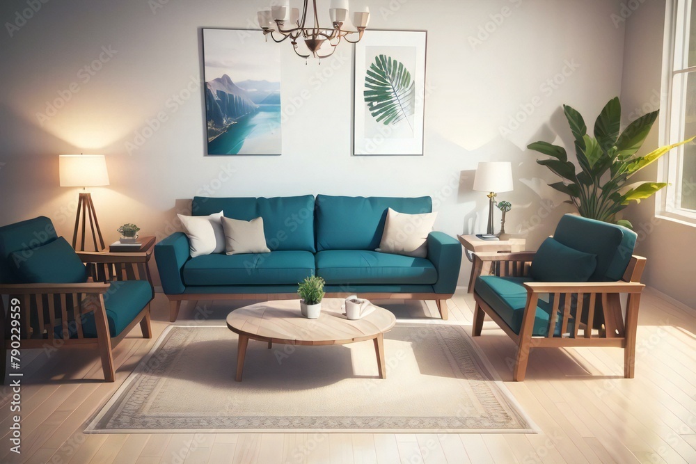 Fototapeta premium Modern living room interior with teal sofa set, wooden furniture, and decorative plants under soft lighting.