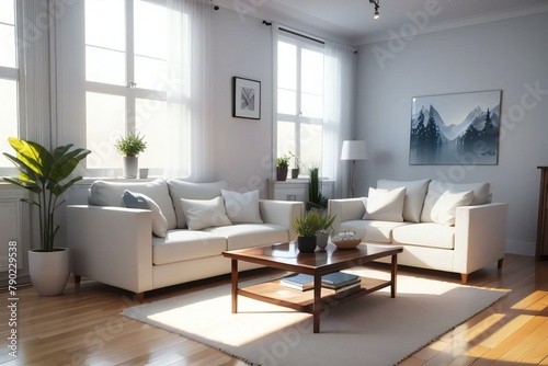 Bright and airy living room with modern white sofas  a wooden coffee table  and large windows letting in natural light.