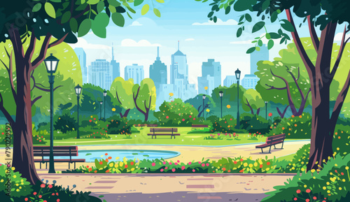 a painting of a park with benches and trees