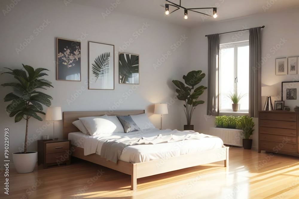 Modern bedroom interior with a large bed, wooden furniture, and decorative plants. Sunlight illuminates the room through a window with curtains.