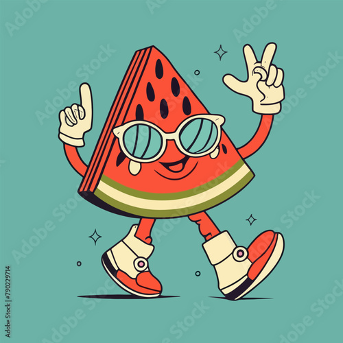 Watermelon groovy style cute cartoon character with face, arms and legs, vector illustration