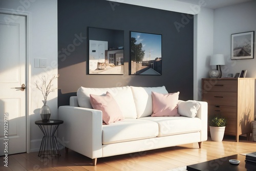 Modern living room with a white sofa, pink cushions, and framed pictures on a gray wall. © samsul
