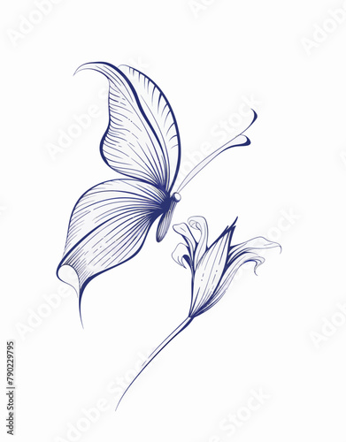 a butterfly flying over a flower on a white background