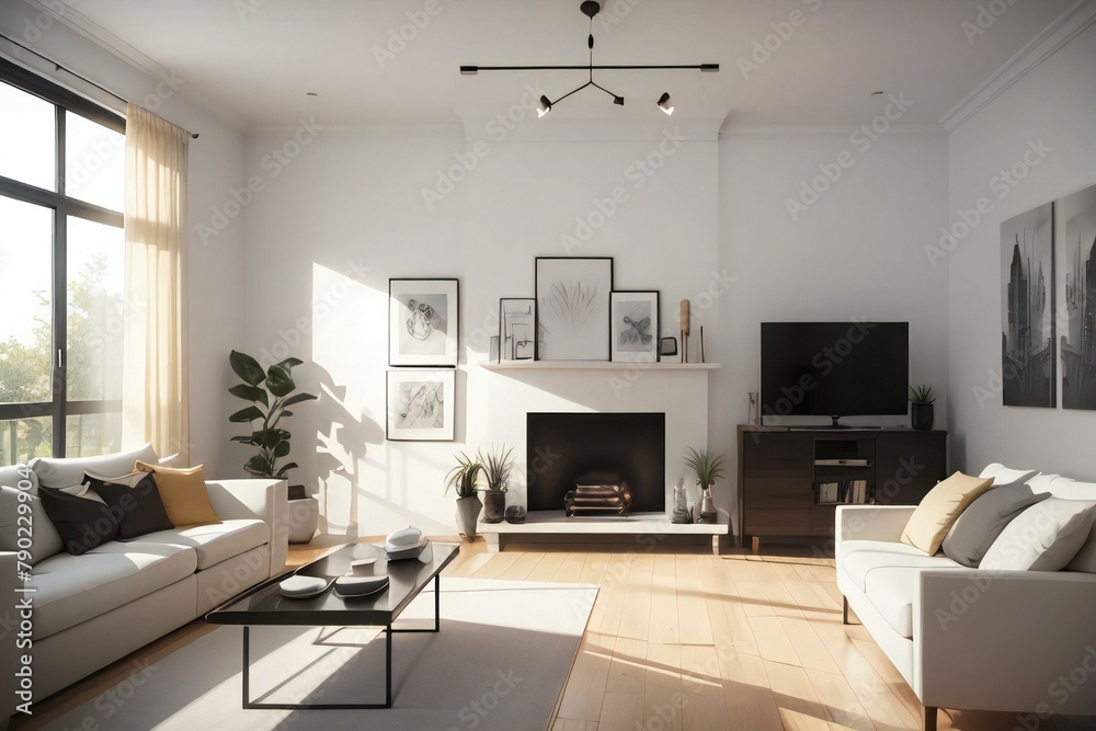 Modern living room with natural light, featuring a fireplace, stylish furniture, and decorative plants. Modern living room with natural light, featuring a fireplace, stylish furniture, and decorative plants.