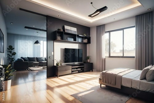 Modern studio apartment interior with a seamless living and bedroom area  featuring stylish furniture  large windows  and wooden flooring.