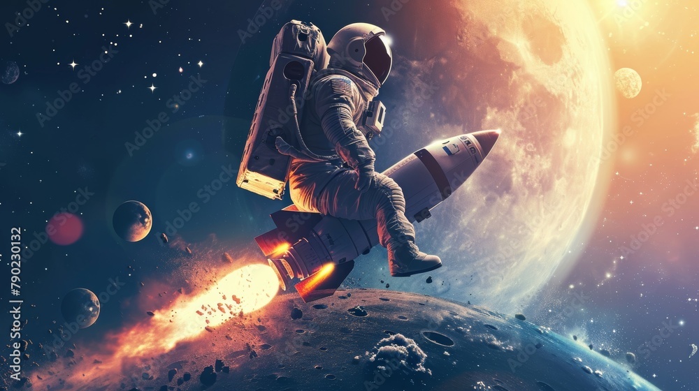 Astronaut on a rocket on the background of the moon and space Astronaut on a rocket on the background of the moon and space