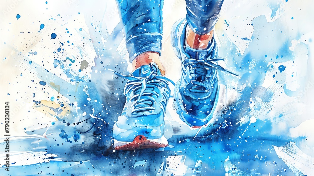 Sports shoes, bright blue, watercolor, direct front view, dynamic motion depicted - obrazy, fototapety, plakaty 