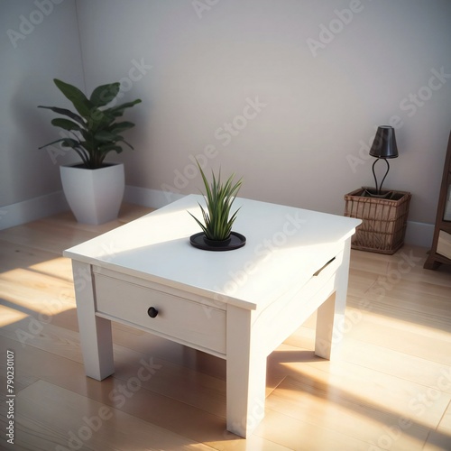 A minimalist living room featuring a white coffee table with a small plant, a lamp, and a larger plant in the corner.