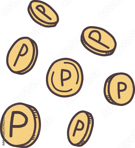 Pという文字の入った色々な角度から見たコインのイラストセット