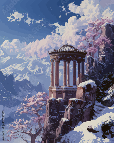 a painting of a snowy landscape with a gazebo