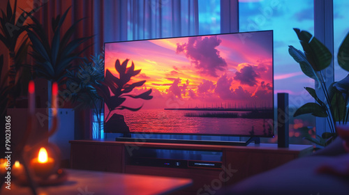 A bioluminescent TV emitting soft, natural light for ambient atmosphere.