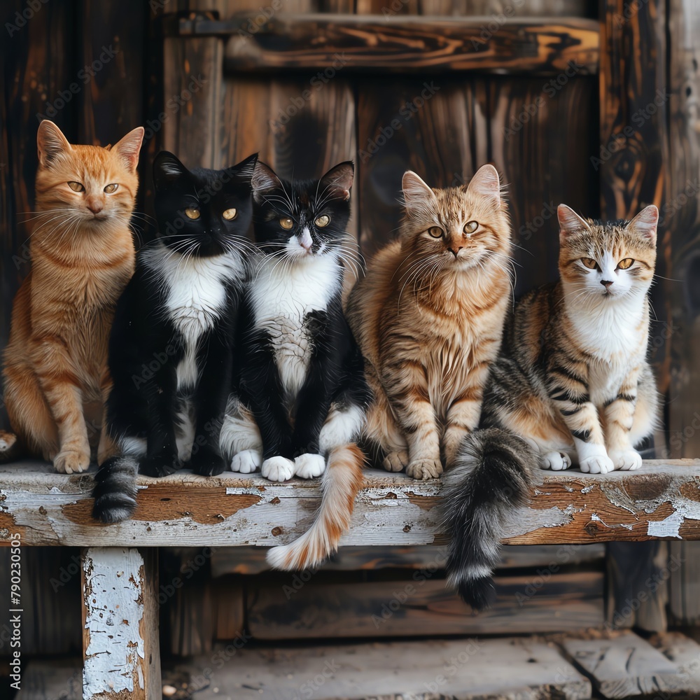 Multiple cats sitting together on a rustic wooden bench, variety of breeds and colors, ideal for conveying themes of friendship and diversity. Multiple cats sitting together on a rustic wooden bench, variety of breeds and colors, ideal for conveying themes of friendship and diversity.