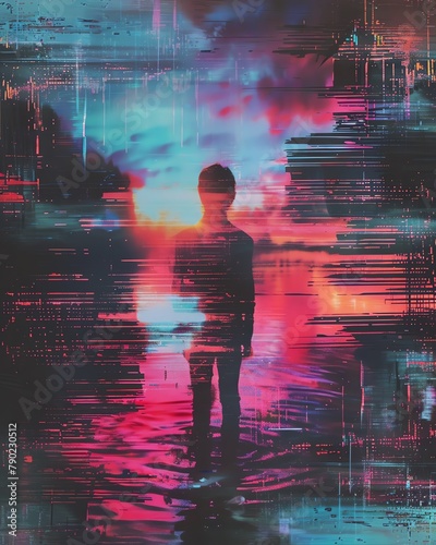 Portray the sense of mystery and uncertainty through a Rear View in glitch art, playing with distorted pixels and digital noise to evoke a unique emotional response