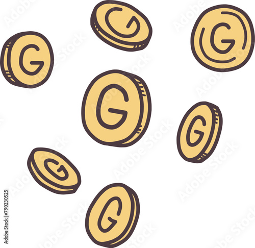 Gの文字が入った色々な角度から見たコインのイラストセット