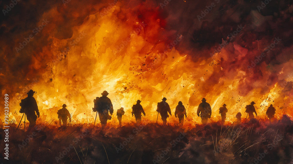 A group of men are walking through a fire A group of men are walking through a fire