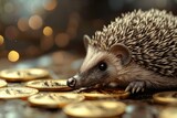 A cute baby hedgehog is sitting on a pile of golden bitcoins.