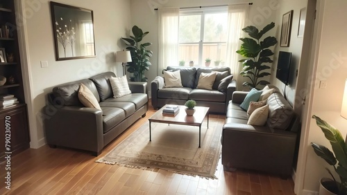 A cozy living room with two gray sofas, a wooden coffee table, and lush green plants by the windows.