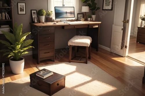 A well-organized home office with a wooden desk, computer, and decorative plants, bathed in natural sunlight.