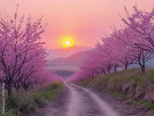 A road with a path leading to a field of pink cherry blossoms. The sun is setting in the background, creating a warm and peaceful atmosphere