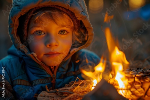 Close-up of a child fascinated by a campfire during twilight