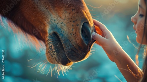 Gentle moment of connection as a child caresses a horse's muzzle photo