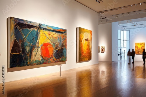 Um museu e arte moderna, gerado com ia, sala ampla,  iluminado pela luz do sol photo