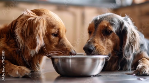 Golden retriever and dachshund sharing a meal with close bond